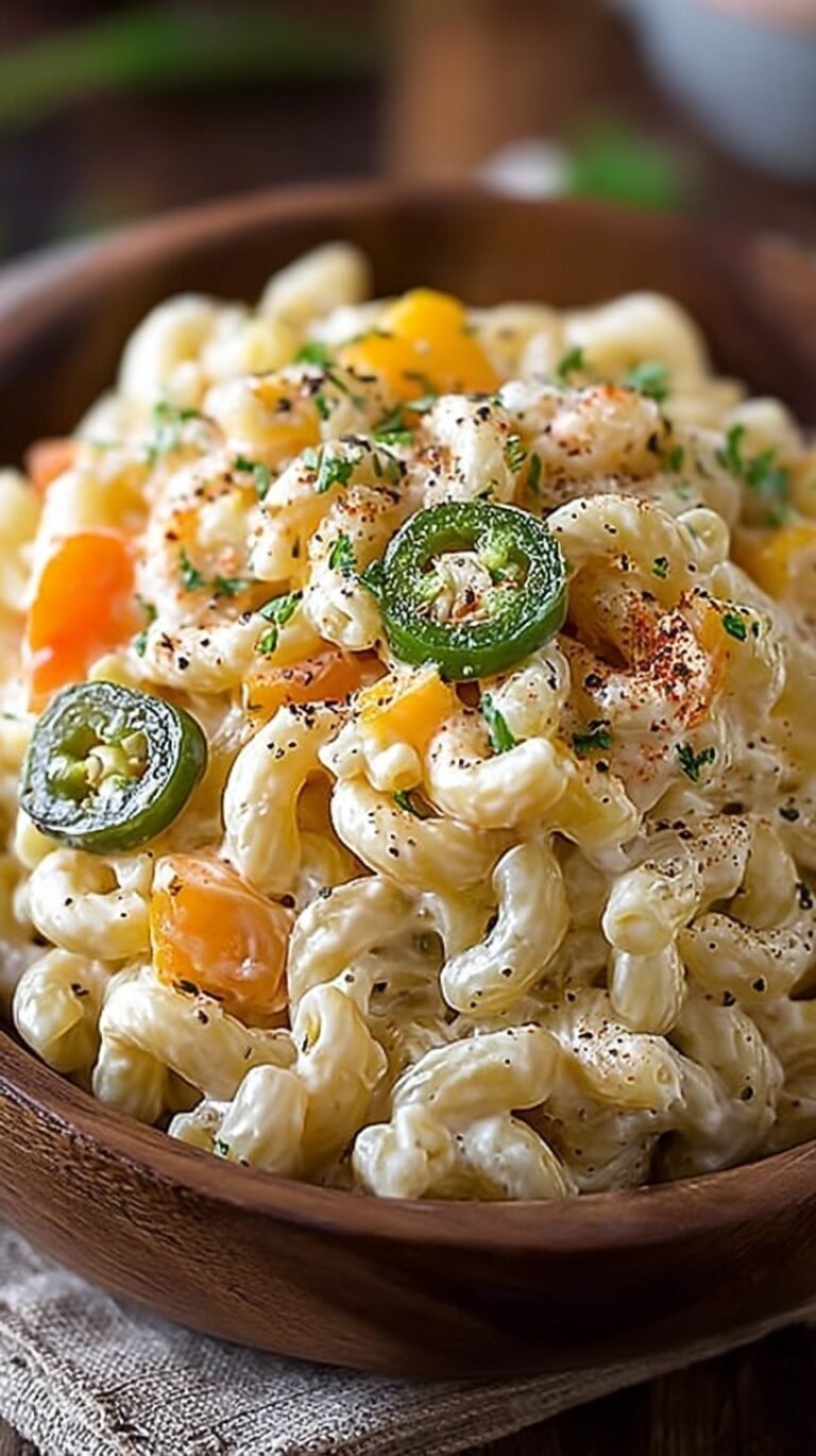 A large bowl of creamy macaroni salad with cheddar cubes, bacon bits, and sliced jalapenos