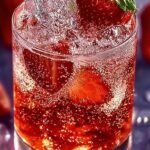 A tall glass of strawberry dirty soda with ice and a fresh strawberry garnish