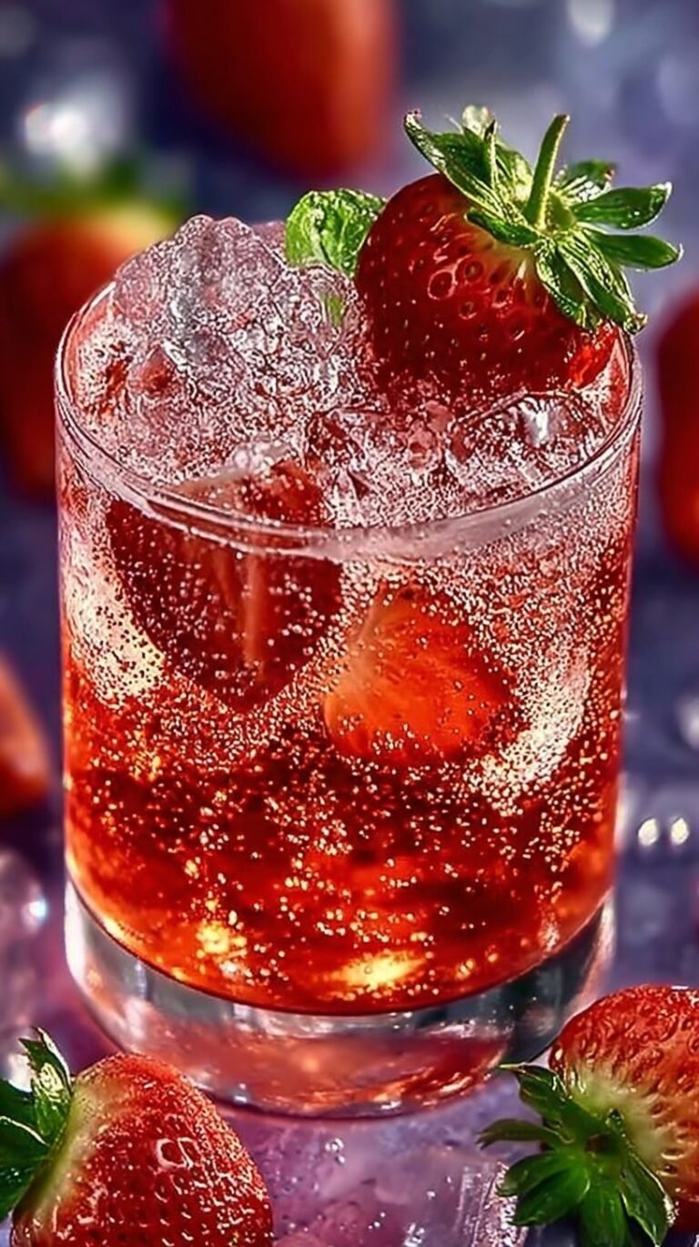 A tall glass of strawberry dirty soda with ice and a fresh strawberry garnish