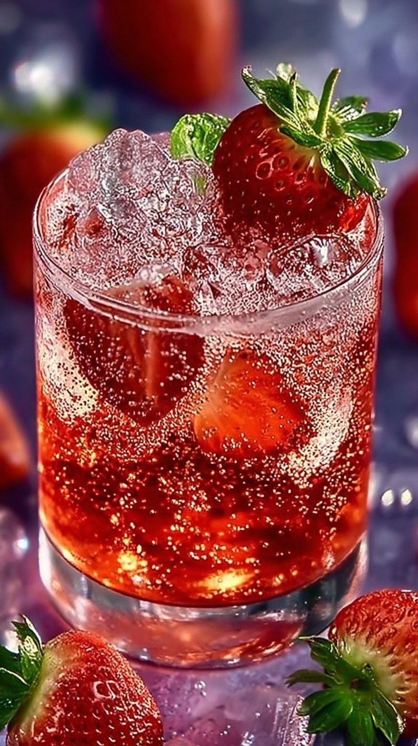 A tall glass of strawberry dirty soda with ice and a fresh strawberry garnish
