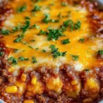 A 9x13 baking dish filled with a beef and corn casserole topped with golden brown tater tots and melted cheddar cheese.