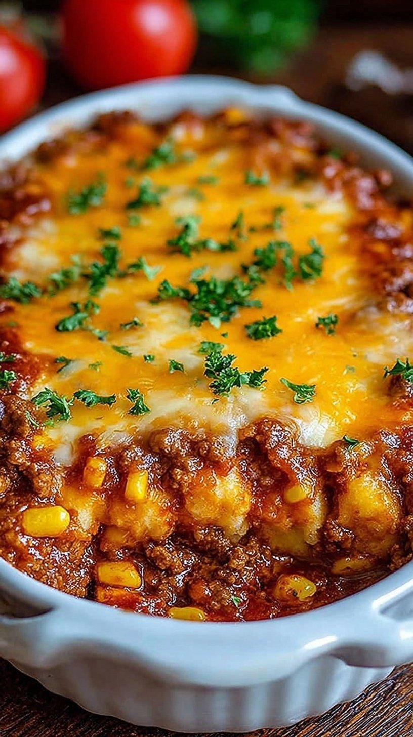 A 9x13 baking dish filled with a beef and corn casserole topped with golden brown tater tots and melted cheddar cheese.