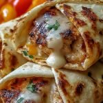 Toasted golden brown chicken wraps filled with melted cheese and garlic chicken on a plate