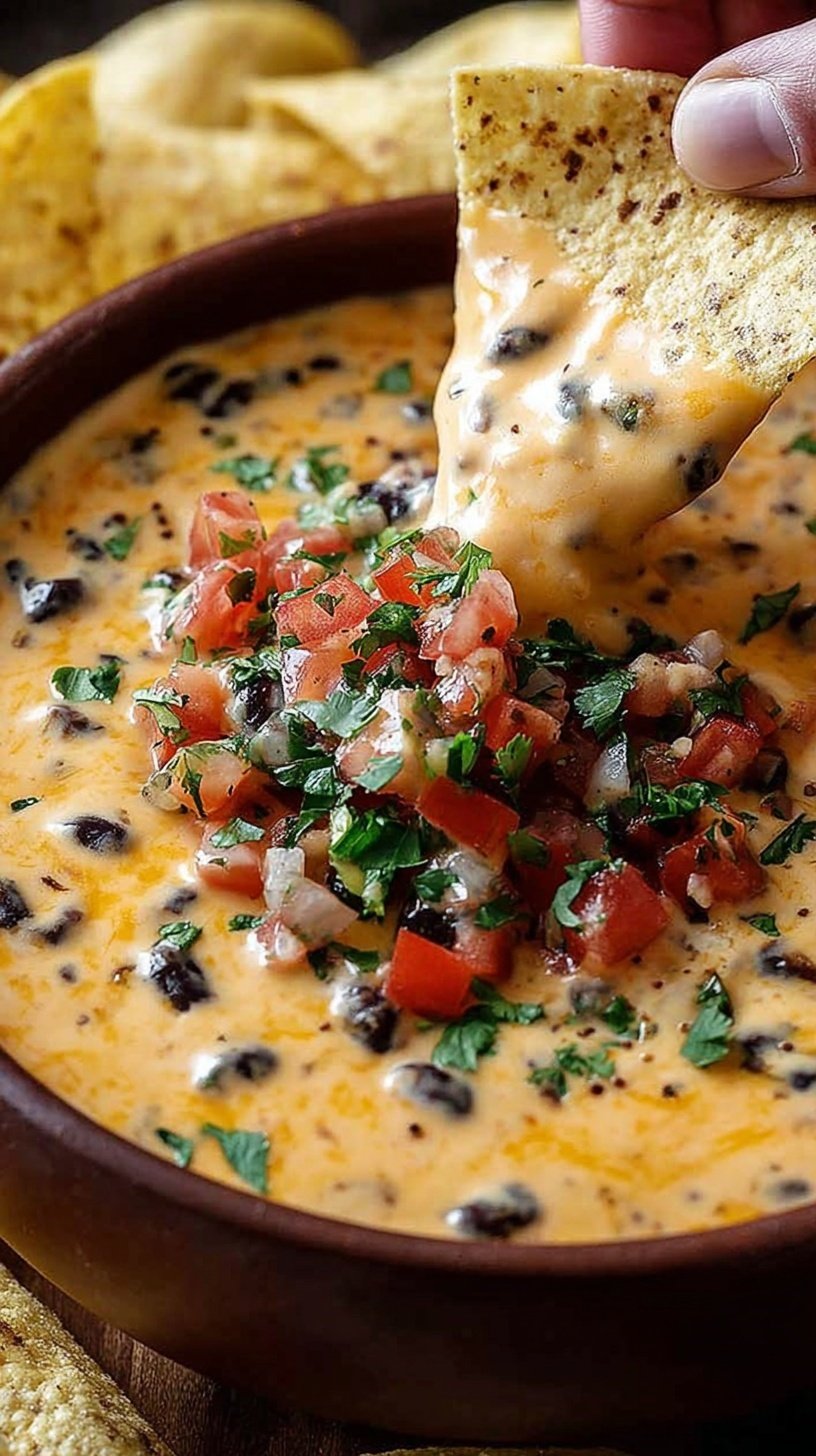 A cast iron skillet filled with melted Cowboy Queso Dip topped with cilantro and surrounded by tortilla chips.