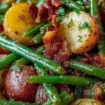 A skillet filled with tender red potatoes, fresh green beans, and crumbled bacon seasoned with ranch.