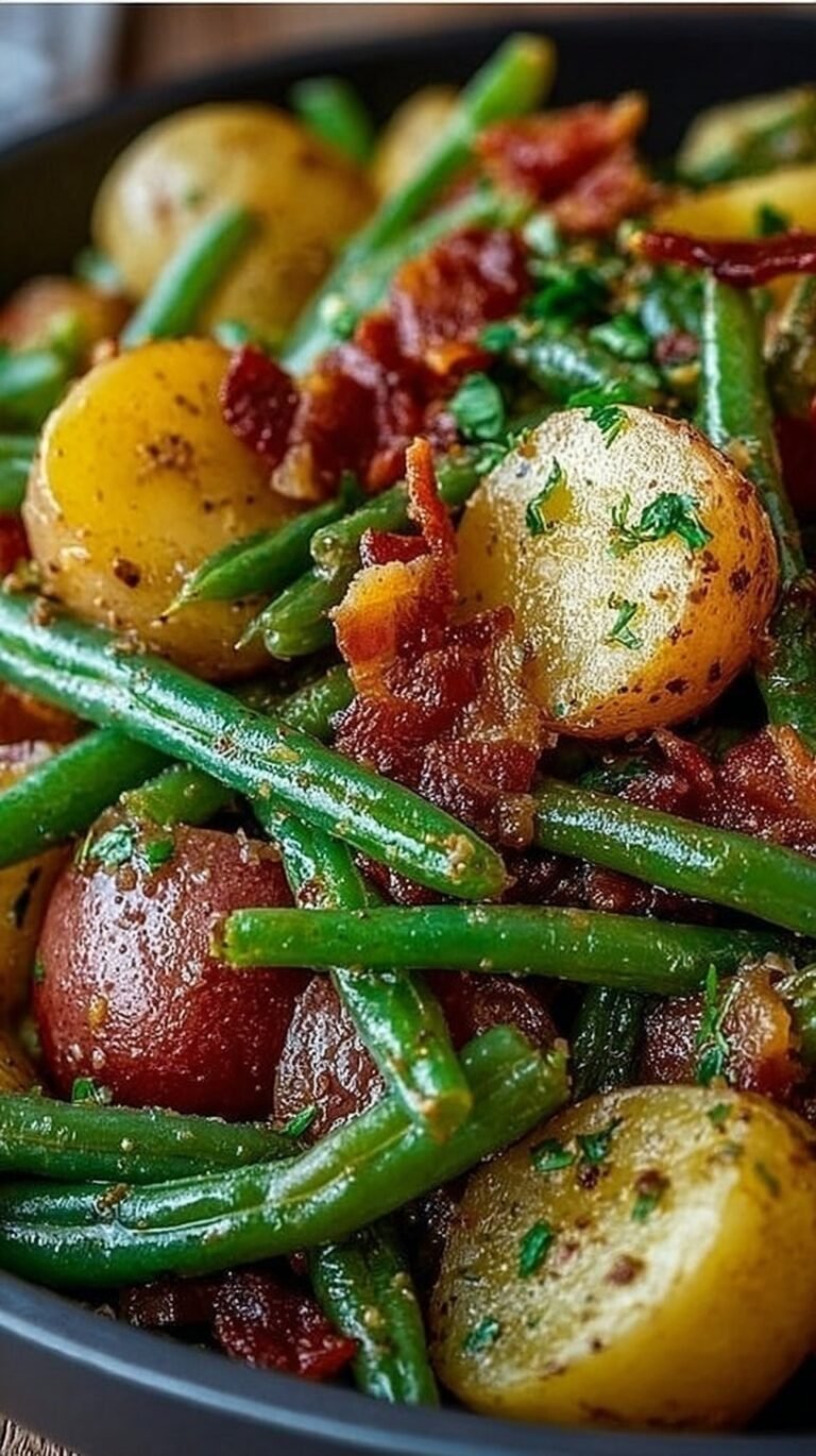 A skillet filled with tender red potatoes, fresh green beans, and crumbled bacon seasoned with ranch.