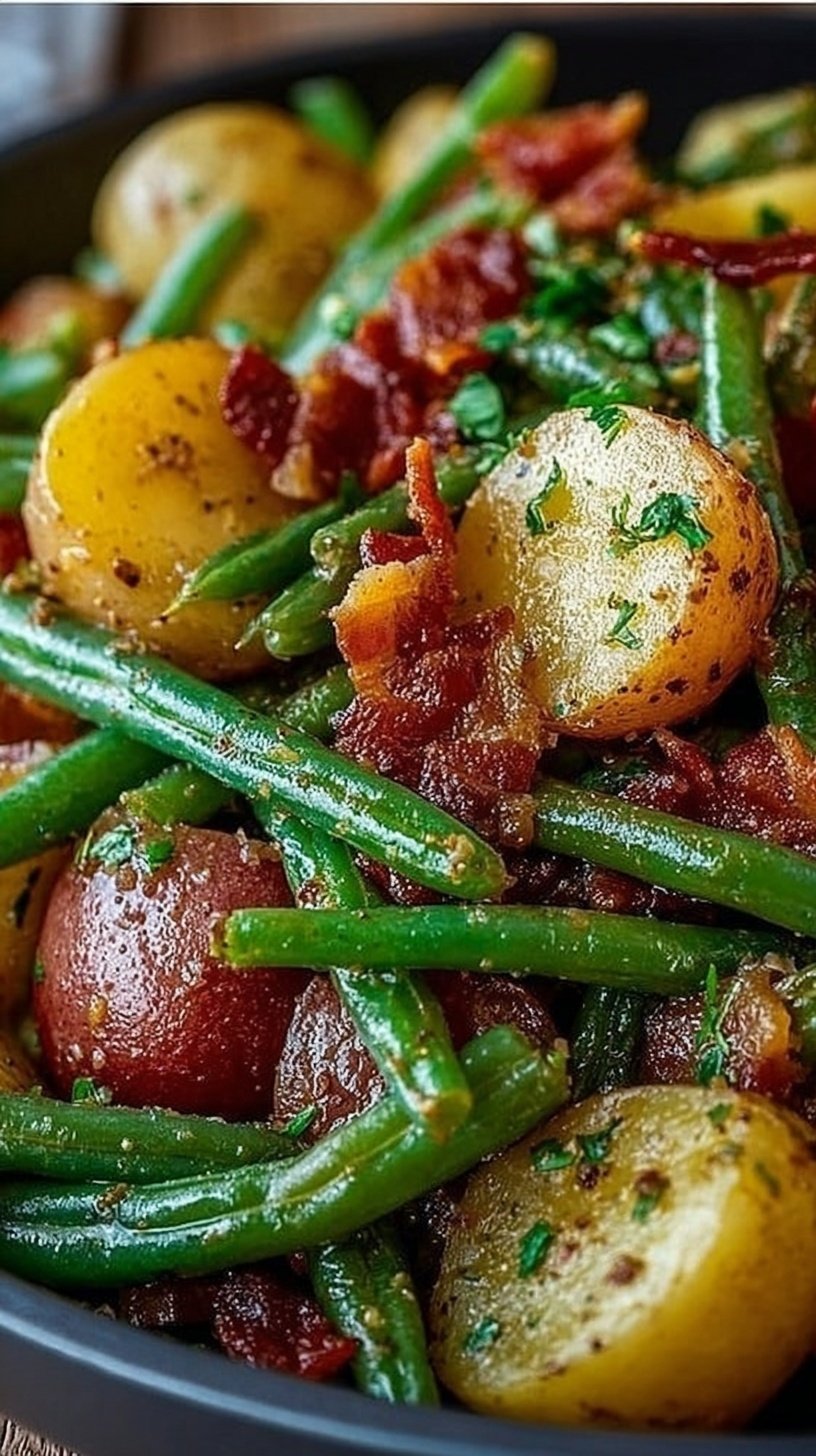 A skillet filled with tender red potatoes, fresh green beans, and crumbled bacon seasoned with ranch.