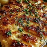 Golden brown Parmesan-Crusted Chicken breast on a baking sheet with herbs