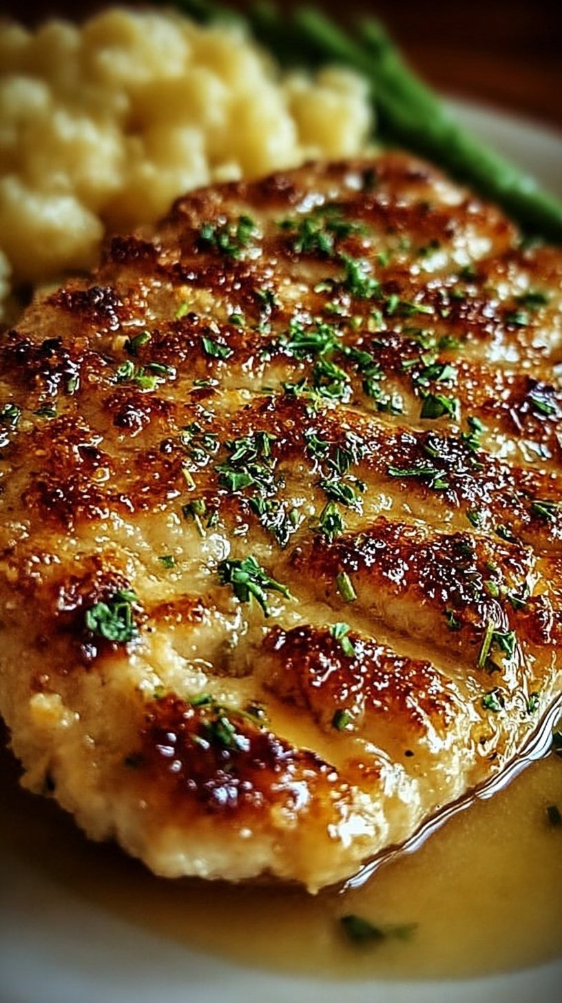 Golden brown Parmesan-Crusted Chicken breast on a baking sheet with herbs