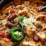 A steaming bowl of creamy Cajun white chicken chili topped with fresh cilantro and lime