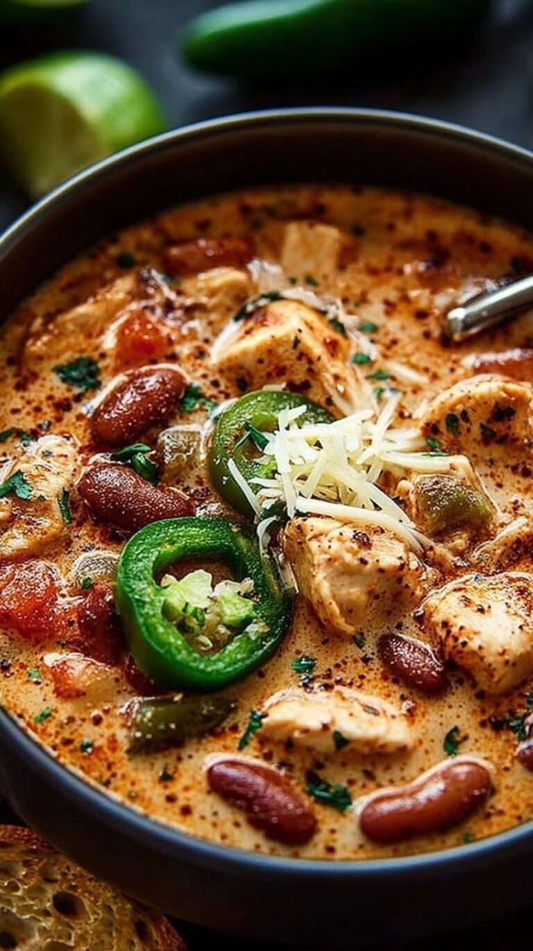 A steaming bowl of creamy Cajun white chicken chili topped with fresh cilantro and lime
