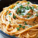 A bowl of pasta coated in a vibrant orange creamy red pepper alfredo sauce with fresh parsley on top.
