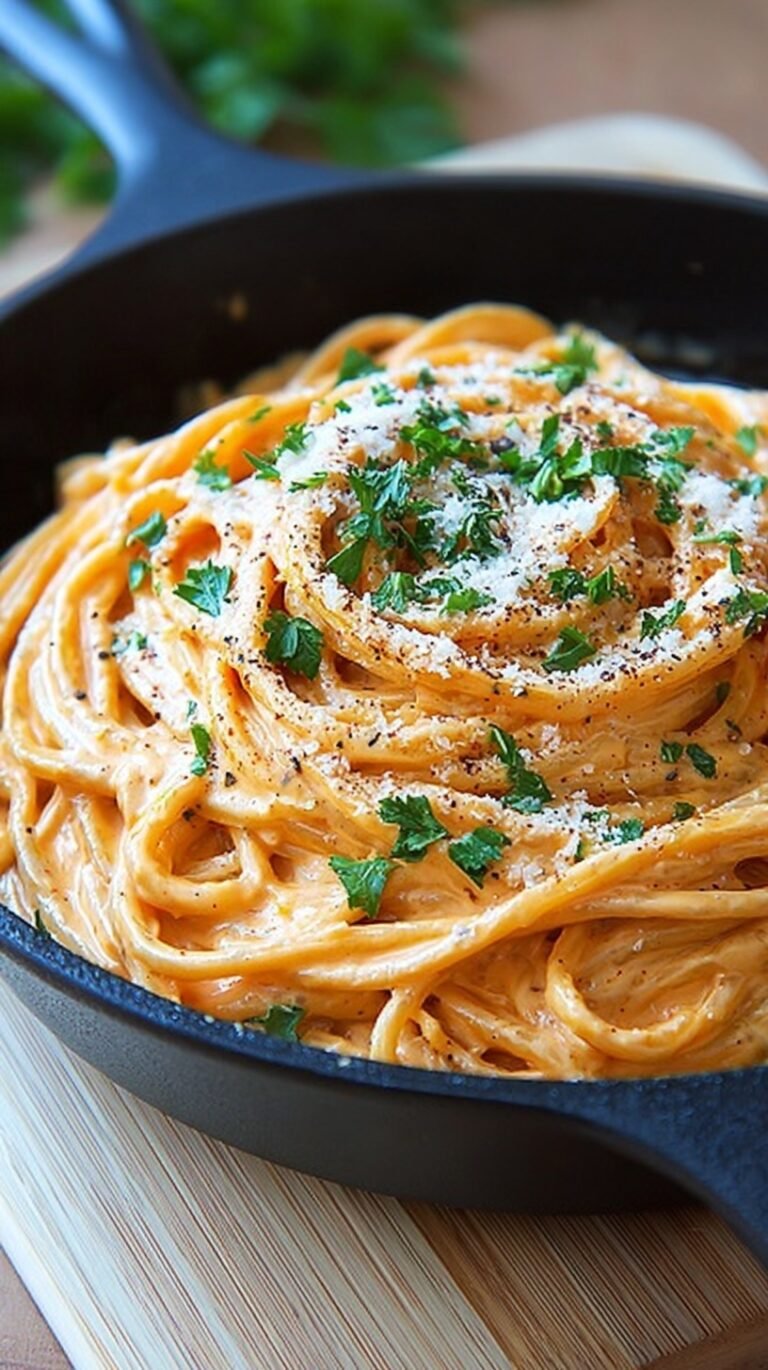 A bowl of pasta coated in a vibrant orange creamy red pepper alfredo sauce with fresh parsley on top.