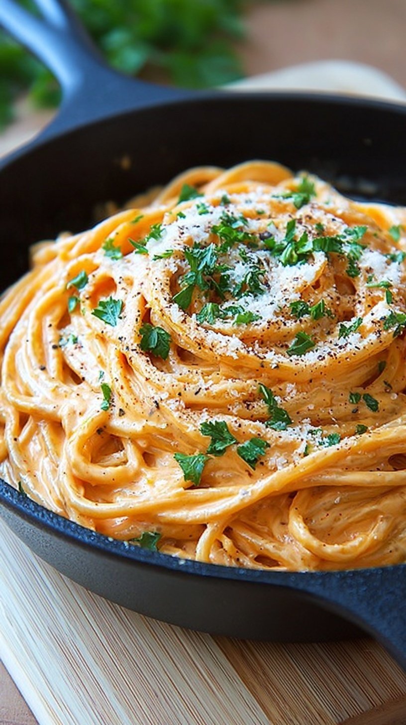 A bowl of pasta coated in a vibrant orange creamy red pepper alfredo sauce with fresh parsley on top.
