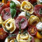 A colorful bowl of tortellini salad with salami, mozzarella pearls, and fresh vegetables.