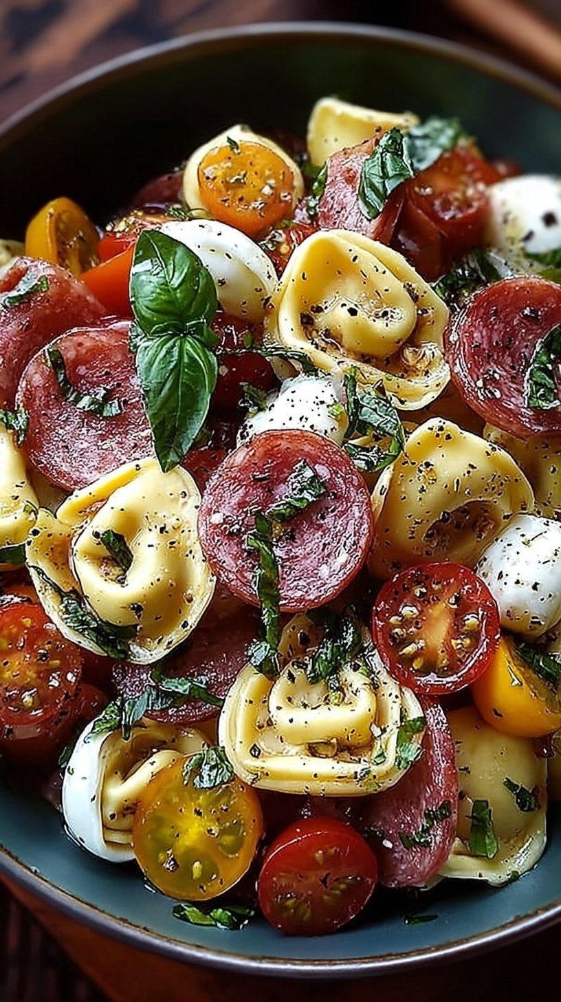 A colorful bowl of tortellini salad with salami, mozzarella pearls, and fresh vegetables.