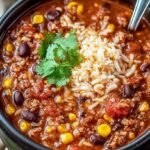 A warm bowl of Crock Pot Taco Soup topped with shredded cheese, sour cream, and fresh cilantro.