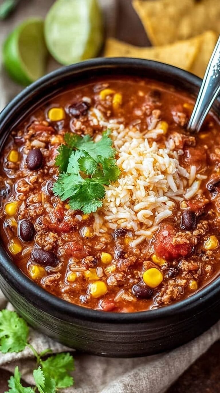 A warm bowl of Crock Pot Taco Soup topped with shredded cheese, sour cream, and fresh cilantro.