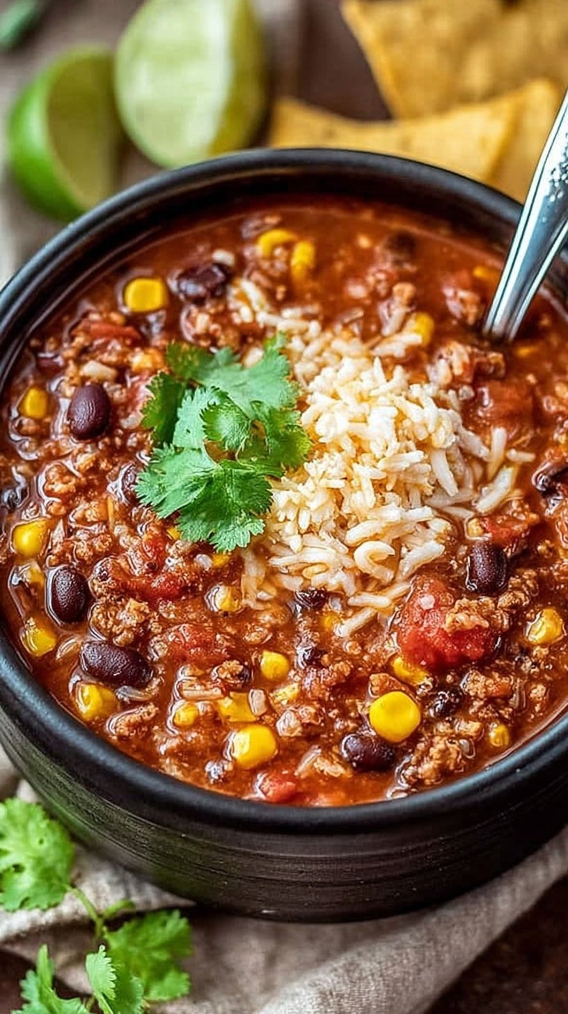 A warm bowl of Crock Pot Taco Soup topped with shredded cheese, sour cream, and fresh cilantro.