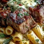A skillet filled with creamy steak pasta, spinach, and parmesan cheese sauce.