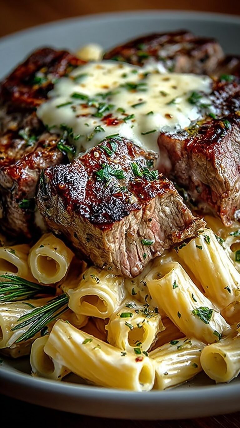 A skillet filled with creamy steak pasta, spinach, and parmesan cheese sauce.