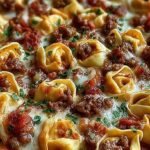 A baking dish filled with cheesy baked tortellini topped with pepperoni and melted mozzarella