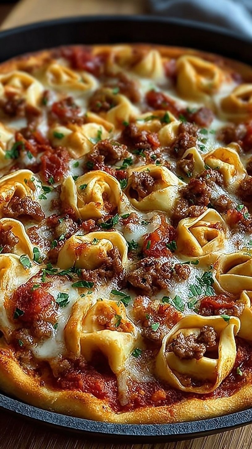 A baking dish filled with cheesy baked tortellini topped with pepperoni and melted mozzarella