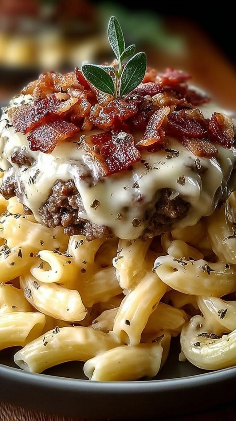 A bowl of creamy penne pasta with ground beef, crispy bacon, and melted cheese garnish.