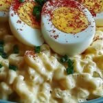 A bowl of creamy deviled egg salad garnished with fresh chives and paprika