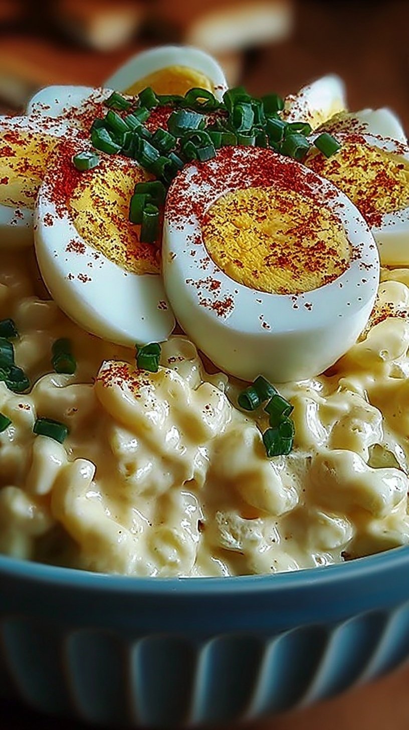 A bowl of creamy deviled egg salad garnished with fresh chives and paprika