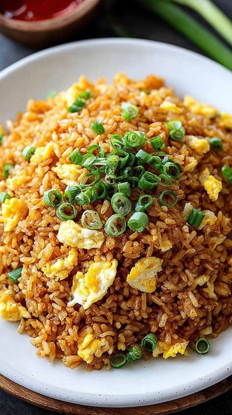 A steaming bowl of egg fried rice with green onions and colorful peas and carrots