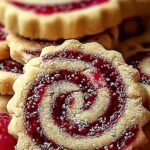 A stack of buttery shortbread cookies with a bright red raspberry jam swirl inside.
