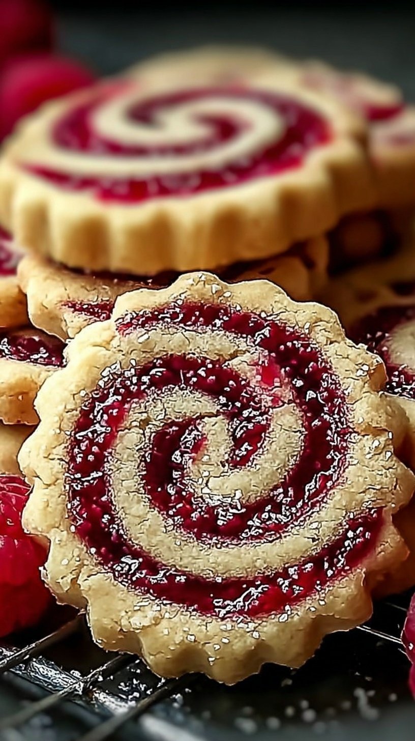 A stack of buttery shortbread cookies with a bright red raspberry jam swirl inside.