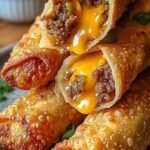 Golden brown cheeseburger eggrolls stacked on a plate with dipping sauce