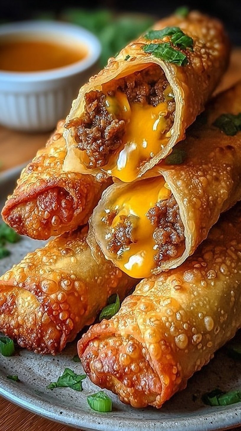 Golden brown cheeseburger eggrolls stacked on a plate with dipping sauce