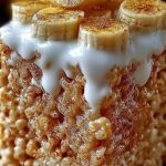 A stack of yellow-tinted banana pudding rice krispies treats with vanilla wafer bits