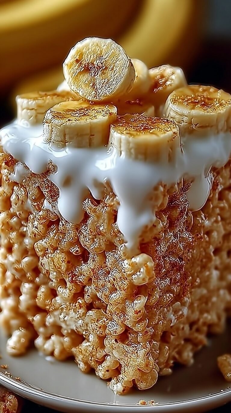 A stack of yellow-tinted banana pudding rice krispies treats with vanilla wafer bits