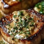 Golden seared pork chops covered in thick onion gravy and fresh parsley in a black skillet