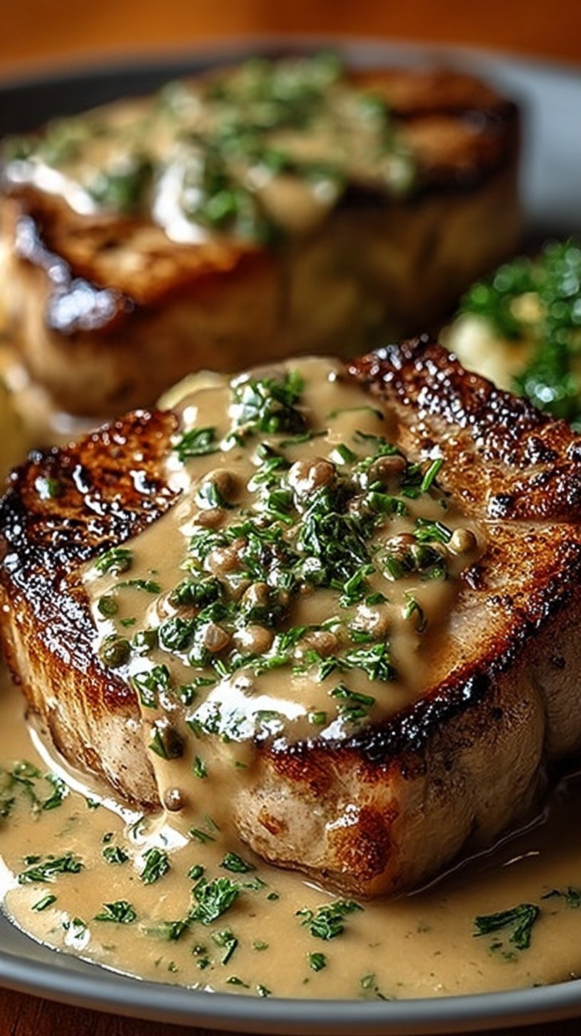 Golden seared pork chops covered in thick onion gravy and fresh parsley in a black skillet