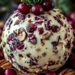 A festive cranberry pecan cheese ball coated in toasted nuts and dried fruit on a wooden serving board.