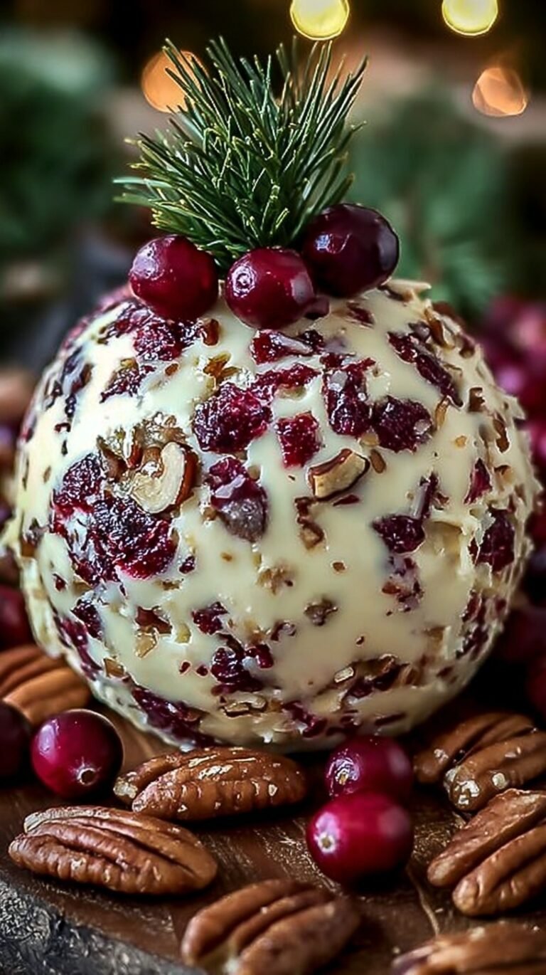A festive cranberry pecan cheese ball coated in toasted nuts and dried fruit on a wooden serving board.