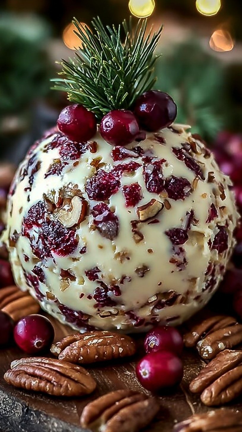 A festive cranberry pecan cheese ball coated in toasted nuts and dried fruit on a wooden serving board.
