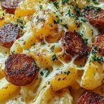 A baking dish filled with golden roasted potatoes topped with melted cheddar cheese, crumbled bacon, and fresh green onions.