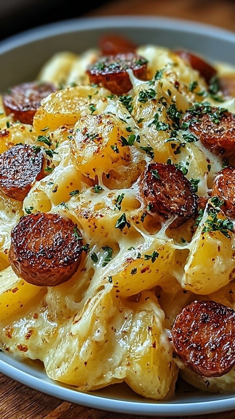 A baking dish filled with golden roasted potatoes topped with melted cheddar cheese, crumbled bacon, and fresh green onions.