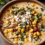 A bowl of creamy white chili topped with charred corn, cotija cheese, and fresh cilantro.