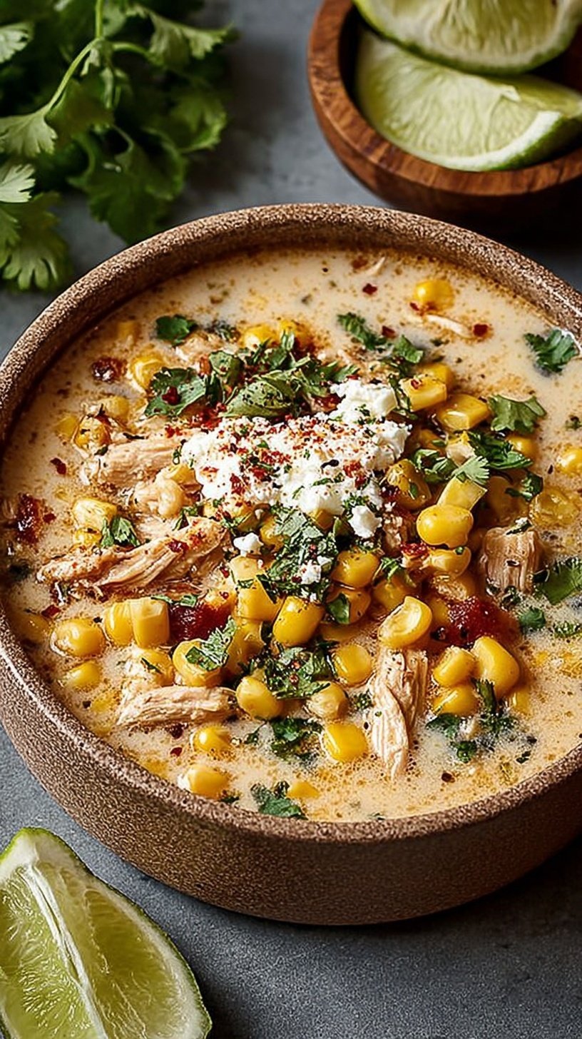 A bowl of creamy white chili topped with charred corn, cotija cheese, and fresh cilantro.