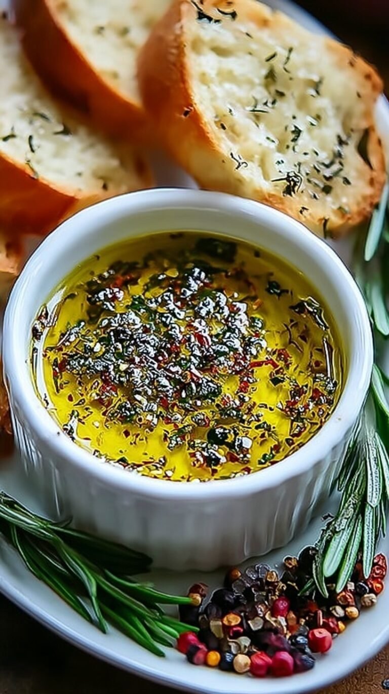 A shallow bowl of golden olive oil with balsamic vinegar and dried herbs for bread dipping.