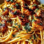 A white bowl filled with creamy Cowboy Butter Chicken Linguine topped with fresh herbs and parmesan.