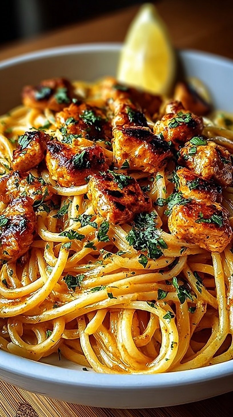 A white bowl filled with creamy Cowboy Butter Chicken Linguine topped with fresh herbs and parmesan.