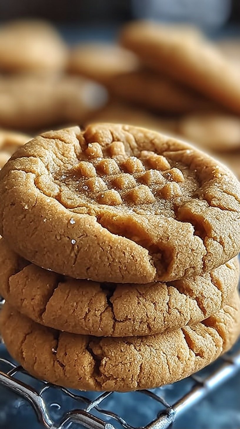 A stack of thick, golden brown peanut butter cookies with traditional fork criss-cross marks on a cooling rack.